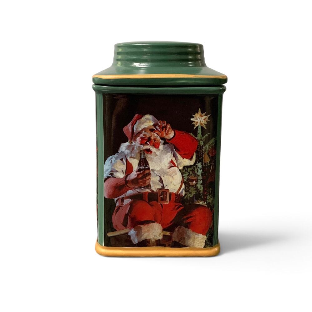 Vintage 2002 Coca Cola Santa Stoneware Canister Green Sakura Holiday Christmas